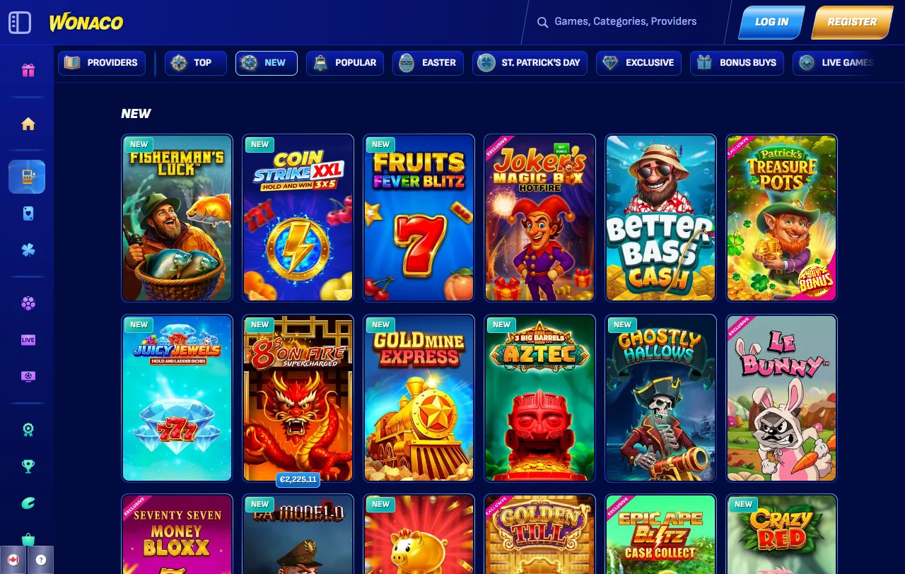 Wonaco Casino pelivalikoima: noin 13 000 peliä yli sadalta studiolta