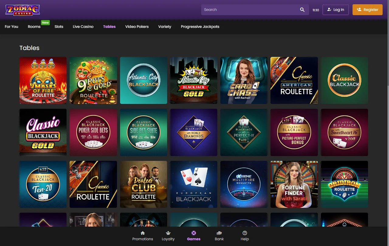 Zodiac Casinon pelivalikoima Games Globalin kolikkopeleistä, pöytäpeleistä ja jackpoteista